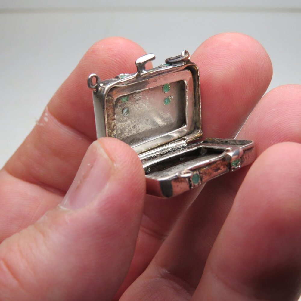 *925 Silver Antique Suitcase Emerald - image 7